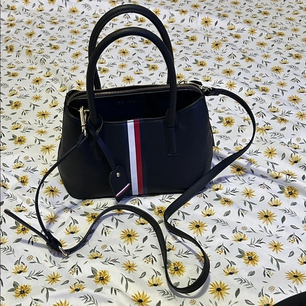 Tommy Hilfiger Black Cleo Small Satchel Red White Blue